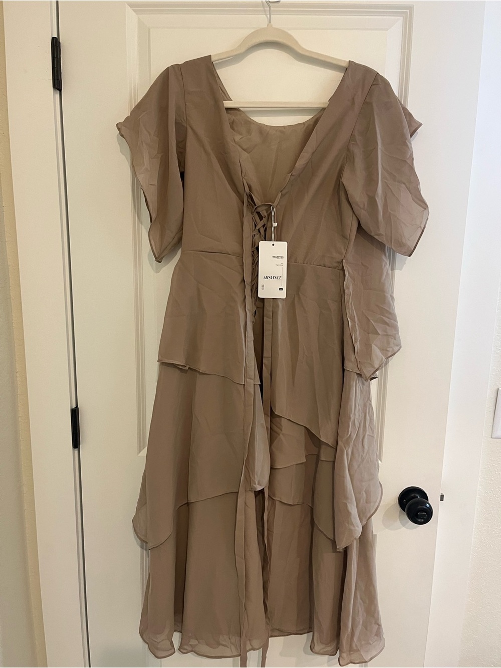 Layered Taupe Midi Dress with Lace-Up Front
